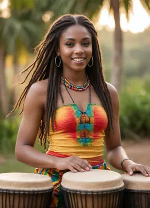 (photorealism:1.3), (masterpiece:1.2), (best quality:1.1), stunning detail, natural skin texture, charming young black woman with long dreadlocks and large breasts, representative of the tribe, (playing bongo drums:1.7), looking to the side, wearing a bright multicolored, (sexy top:1.3), and skirt, tribal jewelry, golden light, sunset atmosphere, outdoors, reggae festival, Jamaica, blurred background with, (dancing people:1.4), silhouettes of palm trees, distant mountains, bokeh light, festival, golden hour, warm color temperature, shallow depth of field, sharp focus on the subject, studio lighting, Canon EOS R5, 8K, detailed skin, soft shadows, <lora:681678_training_data:1.1>