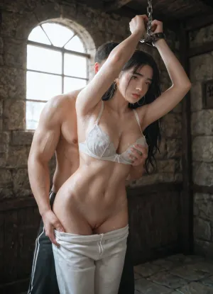 Photorealistic, ultra detailed, 19 year old Chinese woman, thin body, sweaty body, blue eyes, small mouth, medium breasts, long black hair, straight hair, hair untied, white cotton bra and white track pants, pants pulled down to reveal pussy, chain hanging from ceiling, woman hands chained above her head, woman crying, muscular chinese man in black pants groping woman breasts from behind, medieval, dungeon, pr1s0n, c3ll, _jbright__, Saika, kosina, woman, yeonhwa, <lora:medieval_dungeon_pr1s0n_c3ll:.8>, <lora:_jbright__-000040:1.7>, <lora:kosina17:1>, <lora:LoRA-girls-sdxl-v4:2>