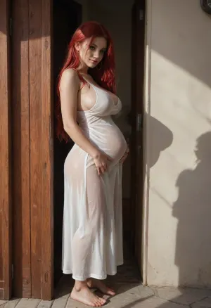 8K, Cute girl with standing in a corner of a dark covered porch of a house in a russia city, (very long red hair), ((seductive pose)), (wet silk dress), ((view from shadow into light)), framing shot, ((soft belly)), side view, full-length view, (aroused breasts), ((firm breasts)), massive breasts, hand on stomach and chest, experiencing bliss