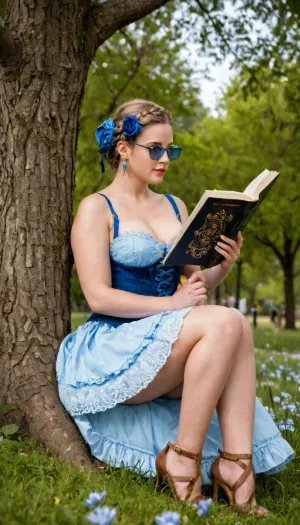 a 25 year old woman reading a poem, ((reads a poem)), sitting on the ground, leaning with her back against an oak tree, surrounded by grass flowers and in a park with a natural background with very defined details, great tuning and color contrast 8k, the woman is wearing a 1920s corset dress, with great detail in its seams, with a curvy body, perfect hands, perfect face, perfect look, slightly thick legs with perfect heels, she is carrying and reading a poem, her lips are painted, her blue eyes, (blue eyes), perfect and her hair in a french braid, the background is very detailed without blur, great depth of field natural lighting at noon in spring, the trees are blooming in the background, taken with a canon eos r5 camera with a panoramic wide angle lens with high definition 8k and what makes the image real without imperfections