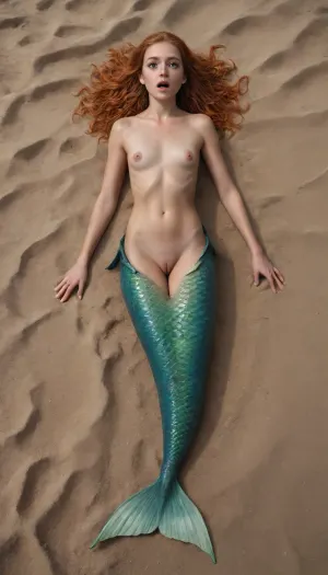 woman, (((Nude woman of 20 years old, mermaid with fish scales tail, mermaid tail instead of legs, visible pussy, visible vulva, visible pubis, lying flat on back on sand:1.5))), ((horny, aroused, surprised, very submissive)), ((perfect human face, brown eyes, flat boy chest, hard nipples, A cup boob, protruding nipples, hairless pussy)), fair skin, (ginger hair:1.5), (((athletic body)), ((high detailed skin)), (((full body visible:1.6))), ((wet chest)), high quality, detailed skin texture, (highly detailed hair, realistic), soft focus, dslr, highest quality, insanely detailed, bright eyes, ((Highly detailed Portrait)), sharp eyes, 100 mm, 8k, sharp, highly detailed skin, photo, hyperrealistic)