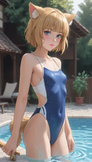 Cat girl, fluffy ears, fluffy tail, blue eyes, blonde, short haircut. Wearing a wet swimsuit, small breasts, small firm butt. Standing in the pool. Moonlight, <lora:outline_xl_kohaku_delta_spv5x:1.6>, <lora:NEOTOKIOXL_0.2_RC:.7>, <lora:Ppolar-P3v1-NbVp10:1.6>, <lora:cartoon_stickers_xl_v1:1.2>, <lora:EnvyStylizedXL01:1.8>