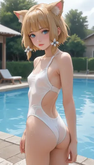 Cat girl, fluffy ears, fluffy tail, blue eyes, blonde, short haircut. Wearing a wet swimsuit, small breasts, small firm butt. Standing in the pool. Moonlight, <lora:outline_xl_kohaku_delta_spv5x:1.6>, <lora:NEOTOKIOXL_0.2_RC:.7>, <lora:Ppolar-P3v1-NbVp10:1.6>, <lora:cartoon_stickers_xl_v1:1.2>, <lora:EnvyStylizedXL01:1.8>