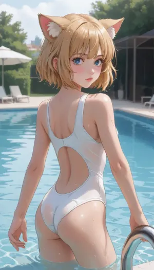 Cat girl, fluffy ears, fluffy tail, blue eyes, blonde, short haircut. Wearing a wet swimsuit, small breasts, small firm butt. Standing in the pool. Moonlight, <lora:outline_xl_kohaku_delta_spv5x:1.6>, <lora:NEOTOKIOXL_0.2_RC:.7>, <lora:Ppolar-P3v1-NbVp10:1.6>, <lora:cartoon_stickers_xl_v1:1.2>, <lora:EnvyStylizedXL01:1.8>