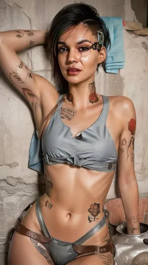 one woman, basement, concrete basement, damp place, lying, lying on her side, slave, (slave 1.5), in a collar, (collar 2.0), torn clothes, ((torn clothes 1.1)), tied with a chain, tied up, upset, unhappy, ((unhappy 1.5)), crying, whole face in tears, ((crying 1.5)), whole face covered in sperm, sperm all over the body, sperm, bowl, bowl filled with sperm, gray eyes, (2 gray eyes), brown hair, top view, eyes open, far away., <lora:JudyA:.8>