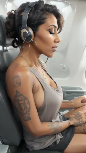 Attractive Milf, high definition, masterpiece, in a row seat of airlines flight, wears a tank top, random ethnicity, (skirt pulled up), pussy expose, seats, airplane chair, ((leans back on backrest, (((sleeping))), fast asleep, wallowed, hanging arms belong body, open mouth, drooling, head to the side on backrest)), lbbias, out, mature, huge lips, 40 yo, random skin color, wrinkles, skin pores, skin imperfections, ((side view with top angle:1.6), afar), random hairstyles, perfect hands, headphones, neck support for air travel, mascara, eyeliner, tattoo on sternum, black thighs fishnets, thin legs apart, stiletto heel, earrings, ((tatoos)), necklace, wirtsband, (naturals east west sagging breasts:1.1), underneath, perky nipples underneath, (wears ample loose-fitting sleeveless tank:1.2), areolas n borders, downblouse, (areolas size:1.6), areolas real texture, (sideboobs:1.3), intricated detail, veiny breasts, ((huge amount of cum in between breasts, cum on clothes)), stretch, marks, crowded airplane flight, attendant, peoples, private, jet, n, fb, tank, top, shirt, low-cut, chest, cleavage, high-cut, crewneck, extreme, dropped, side, holes, (1boy), (hetero), (upright, straddle), <lora:Tank Top Stringer Shirt SD15 v1.5:1.1>, <lora:AboveBelowView:1>