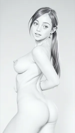 Naked nude girl, sidelight, (round face), brown hair with pigtails, innocent, ((submissive)), ((adorable)), well-built body, nice, round butt, small-sized hanging breasts, puffy nipples, (((large dark areolas))), small lips, freckles on face and skin, (tip of nose raised), snub nose, simple background, erotic, hot, sexy, dynamic sexy pose, blurry background, 1girl, after sex pussy, front view, lineart, LineAniAF, тlineart, monochrome, blurry white background, <lora:animeoutlineV4_16:1.1>