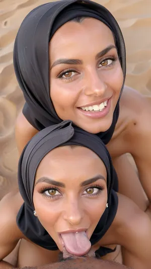 Dans le desert du Sahara, profile, Marocaine à la peau très noires, seins nue, sourire, hijab noire, levres larges et pulpeuses, yeux noires intenses, ccktlphn, <lora:ccktlphn-v2:.4>