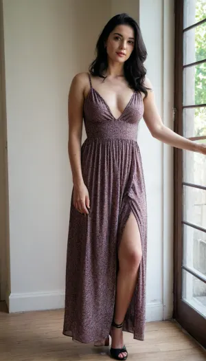 28 yo black hair woman, wearing Romantic Vintage Maxi Dress, tiny natural breasts, 1.6m high, wide hips, thick thighs, black high heels, full face visible, perfect hands, selfie
