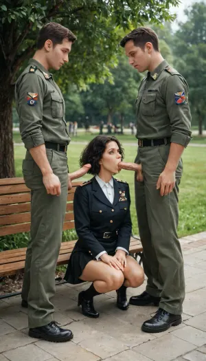 A bench in a park, sunny day, woman sitting on the bench, light summer clothing, short skirt and blouse, 2 men standing next to the bench, men are soldiers, soldiers wearing military field uniform, their uniform trousers are open, (open fly), normal penises, blowjob, one penis in woman's mouth, one penis in her Hand, woman and men are both 18 years old, soldiers have short hair, full body view, full body foto, Full Body view including the faces of the soldiers, further soldiers in the background