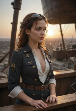 Cinematic steampunk fantasy scene, view from the deck of an ancient airship. Gears, rivets, copper panels, pipes, valves, steam jets hissing in golden sunset light. A slender, dark-haired young woman pilot stands on deck, her red-highlighted hair glowing translucent in the sun, curling in the wind. She wears a steampunk uniform tunic with golden patches and epaulets, casually unbuttoned at the chest, a leather strap across her shoulder, round brass pilot goggles resting on her forehead. She holds a brass telescope in her hands, gazing into the distance with a faint smile and dimples on her cheeks. Below stretches a landscape of old towns with high towers and red tiled roofs, a sea with sailboats, while above float majestic steam airships, fantastical old-style steam planes with chimneys, and flying island-cities in fantasy style. Epic, gothic, cinematic atmosphere of adventure in the skies.