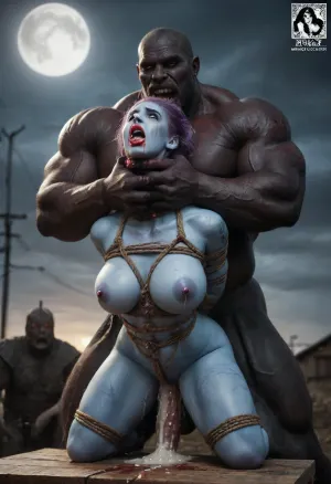 female drow elf barbarian, (dark night blue skin:1.82), tall, angry, busty, curvy, thin waist, big boobs, big butt, slim, athletic, fit, vitiligo, strong, fur pelt armor, dungeons and dragons, purplish blue skin, black and purple hair, Dark, Elf, Warrior, Drow, tattooed, scarred, purple eyes, uberfit, muscular, blue skin, amazon, giant, fur barbarian armor, bloody, blood spatter, bear, bear heart, (in a bloody filed after a battle, white full moon in the sky:1.4), (man is choking her from behind:1.4), ((hogtied, bound with large chains, tied to a torture table:1.3)), cock in mouth, (brutal face fuck), Blowjob, (tears in eyes:1.5), (running makeup), (cum drips from nose:1.3), (cum drips from mouth:1.3), ultra hd, photorealistic, hyper gigantic large black cock in mouth, (((hyper gigantic large black cock in mouth:1.3))), oral cream pie, hair grab, sad, sad crying, tongue out, gasping for air, zavy-brbrn, gangbang, double anal penetration, anal spitroast, groupsex, deepthroat, (4 gigantic African black brute thug, huge trunklike arms, huge head, hyper muscular body, dressed in slave clothes:1.2), ((hogtied, bound for sex, tied up)), (((hyper gigantic large white cock in mouth:1.3))), (pulled nipples:1.2), nipple clamps, (((spitroast))), (((hyper large cock in mouth:1.3))), screaming, shocked, deep anal penetration, Uber realistic, 8k, ultra detailed, masterpiece, arched back, detailxl, 35mm photograph, film, professional, 4k, 1girl, 5 boys, hdr, photographic, ultra realistic, ultra high details, back light, (front view), (dynamic pose), best quality, incredibly lean body, anal sex, with large muscular black men, gargantuan black cocks, anal sex expansion, large hyper muscular fat old men, (double anal sex), swollen white veiny cocks, (double anal penetration), hardcore double penetration, proper physics, big white cocks, muscular white double anal gangbang, (forceful penetrations), extremely graphic, shocked expression, beautiful hands, massive cum in ass defeating a woman in combat, fighting, killing, blood, winning fight, magazine cover, Realism_Quality_2xx_By_Stable_Yogi, score_9, score_8_up, score_7_up, (((very pretty face:1.3))), (((extremely ultra detailed face:1.3))), perfect fingers and hands, upper body view, (extreme size difference:1.6), (ultra realistic), (maximum quality), (high resolution), (extreme detail), (ultra realism), UHD, super high quality, highly detailed, high resolution, perfect lighting, natural lighting, (dynamic angle), (random angle), (random pose), (dynamic view), (random view), volumetric lighting, golden hour lighting, dramatic shadows, rich details, nature-inspired color palette, <lora:Dark_Elf_Warrior:1.3>, <lora:Drow:1.3>, <lora:339100_training_data:1.3>, <lora:uberfit_lora_sdxl:1.3>, <lora:zavy-brbrn-sdxl:1.3>