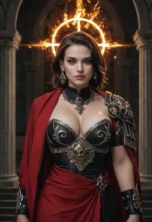 Beautiful but battle-hardened Adepta Sororitas, Sister of Battle from Warhammer 40k. Strong and elegant female warrior, pale skin with flawless features, sharp eyes burning with holy zeal. Wearing ornate black and silver powered armor adorned with purity seals, fleur-de-lis insignias, and red robes flowing beneath the armor. Short-cropped or shoulder-length hair, halo of divine light or glowing eyes symbolizing her faith. Armed with a bolter or flaming sword, standing amidst a ruined cathedral battlefield with stained glass shattered and holy fire burning. Ultra-realistic grimdark gothic art, highly detailed, cinematic lighting, epic and sacred atmosphere.