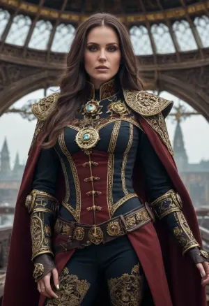 Beautiful female Rogue Trader from Warhammer 40k, tall and commanding with an aura of nobility and danger. Elegant yet battle-ready build, pale flawless skin, piercing eyes filled with ambition, long flowing hair styled regally, large bimbo breasts. Wearing ornate voidsuit or high gothic coat with gilded trim, decorated with purity seals, rosettes, and aquila insignia. Standing confidently on the bridge of a massive voidship. Surrounded by gothic starship architecture, stained glass, servo-skulls, cogitators, and banners of the Imperium. Ultra-realistic grimdark gothic sci-fi art, highly detailed, cinematic lighting, atmosphere of wealth, faith, and ruthless power.