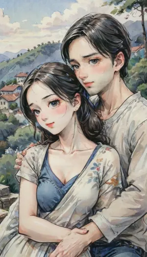 A romantic hand-drawn illustration of an Indian couple, (one male and one female), on a hilltop. Close-up view, sitting on steps outdoors. The woman is wearing an elegant white saree, and the man is dressed casually in a t-shirt and blue jeans. They are sitting close together, looking directly at the viewer with warm, affectionate expressions. The man has his arms wrapped around her neck in a tender embrace, and the woman’s face is breathtakingly beautiful, radiating grace and charm. Their connection is deep and genuine, with the woman exuding beauty and serenity. The background includes soft, natural light and a blurred outdoor setting, emphasizing the couple’s intimate moment. romantic, poetic, artistic, gufeng influence, ink and wash textures, Saree, Indian, ac_neg1, Influencer, Model, gufeng, hand-drawn, style, ink, wash, futuristic-fantasy-anime, <lora:transparent-saree:.5>, <lora:sdxl_vae:.5>, <lora:gufeng_ink_wash_xl_v2:.8>, <lora:futureistic_fantasy_anime_sdxl_v1:2>