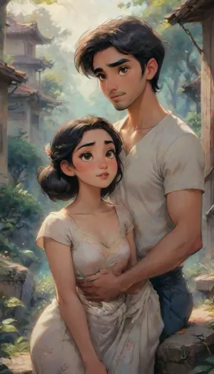 A romantic hand-drawn illustration of an Indian couple, (one male and one female), on a hilltop. Close-up view, sitting on steps outdoors. The woman is wearing an elegant white saree, and the man is dressed casually in a t-shirt and blue jeans. They are sitting close together, looking directly at the viewer with warm, affectionate expressions. The man has his arms wrapped around her neck in a tender embrace, and the woman’s face is breathtakingly beautiful, radiating grace and charm. Their connection is deep and genuine, with the woman exuding beauty and serenity. The background includes soft, natural light and a blurred outdoor setting, emphasizing the couple’s intimate moment. romantic, poetic, artistic, gufeng influence, ink and wash textures, Saree, Indian, ac_neg1, Influencer, Model, futuristic-fantasy-anime, j_cartoon, <lora:transparent-saree:.8>, <lora:sdxl_vae:.8>, <lora:futureistic_fantasy_anime_sdxl_v1:1>, <lora:Animated_Concept:1>, <lora:J_cartoon:2>