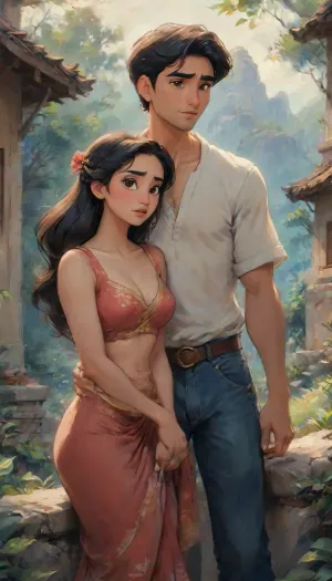 A romantic hand-drawn illustration of an Indian couple, (one male and one female), on a hilltop. Close-up view, sitting on steps outdoors. The woman is wearing an elegant red saree, with exposed round deep navel, with large breast, voluptuous body type and exposed cleavage. and the man is dressed casually in a t-shirt and blue jeans. They are sitting close together, looking directly at the viewer with warm, affectionate expressions. The man has his arms wrapped around her neck in a tender embrace, and the woman’s face is breathtakingly beautiful, radiating grace and charm. Their connection is deep and genuine, with the woman exuding beauty and serenity. The background includes soft, natural light and a blurred outdoor setting, emphasizing the couple’s intimate moment. romantic, poetic, artistic, gufeng influence, ink and wash textures, Saree, Indian, ac_neg1, Influencer, Model, futuristic-fantasy-anime, j_cartoon, <lora:transparent-saree:.5>, <lora:sdxl_vae:.5>, <lora:futureistic_fantasy_anime_sdxl_v1:1>, <lora:Animated_Concept:1>, <lora:J_cartoon:2>