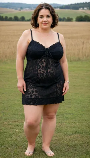 A full-length photo. Chubby 65-year-old mature woman with chubby legs posing in a very short chemise in a field