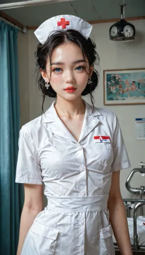 18 years old Chinese beauty with blue eyes, long black bundled hair, thin body with small breasts, white natural skin texture, wearing nurse uniform, white nurse hat, in hospital VIP room, shu7, <lora:Shu7_XL_0_:.8>