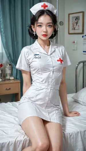 18 years old Chinese beauty with blue eyes, long black bundled hair, thin body with small breasts, white natural skin texture, wearing nurse uniform, white nurse hat, in hospital VIP room, shu7, <lora:Shu7_XL_0_:.8>