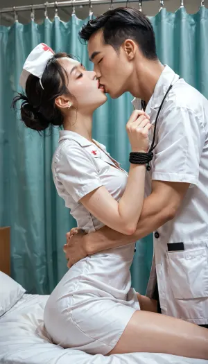 18 years old Chinese beauty with blue eyes, long straight black hair, hair tied up, thin body with small breasts, white natural skin texture, wearing nurse uniform, white nurse hat, in hospital VIP room, Chinese short hair man in doctor gown kissing woman, shu7, <lora:Shu7_XL_0_:.8>