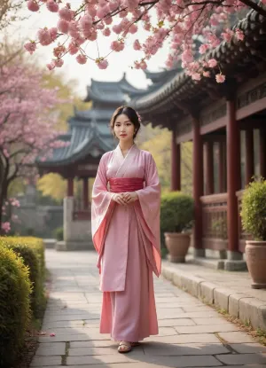(masterpiece), (best quality), (extremely detailed CG unity 8k wallpaper), (photorealistic:1.2), (realistic:1.2), beautiful young asian woman, delicate features, medium shot, full body, walking pose, elegant Chinese hanfu, traditional pink flowing hanfu with floral embroidery, white pants, holding a traditional pink paper umbrella, serene garden, winding stone path, blooming cherry blossom trees, pink petals, lush rose bushes, (pink roses, yellow roses, red roses), on both sides, traditional Chinese architecture, bridge in background, soft natural light, warm atmosphere, tranquil, peaceful, studio lighting, highly intricate, sharp focus, volumetric lighting, light rays, depth of field
