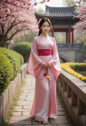 (masterpiece), (best quality), (extremely detailed CG unity 8k wallpaper), (photorealistic:1.2), (realistic:1.2), beautiful young asian woman, delicate features, medium shot, full body, walking pose, elegant Chinese hanfu, traditional pink flowing hanfu with floral embroidery, white pants, holding a traditional pink paper umbrella, serene garden, winding stone path, blooming cherry blossom trees, pink petals, lush rose bushes, (pink roses, yellow roses, red roses), on both sides, traditional Chinese architecture, bridge in background, soft natural light, warm atmosphere, tranquil, peaceful, studio lighting, highly intricate, sharp focus, volumetric lighting, light rays, depth of field
