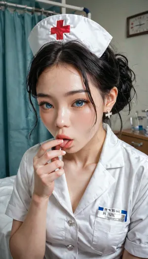 18 years old Chinese beauty with blue eyes, hair bundled up, black hair, thin body with small breasts, white natural skin texture, wearing nurse uniform, white nurse hat, blowing kisses, in hospital VIP room, shu7, <lora:Shu7_XL_0_:.8>