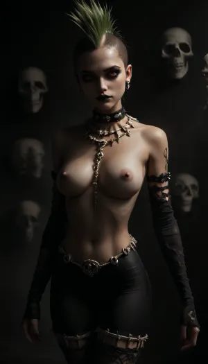 1girl solo, (23y.o gorgeous latina:1.5), beautiful face, black eyeliner, black lipstick, gothic girl, tattoos, macabre, (black and green spiked mohawk:1.3), 12 inch hair spikes, nude, (black lace thigh high leggings:1.1), (black lace arm sleeves:1.1), (waist chain with skulls:1.3), thick black leather choker with small chain attached, (small natural perky tits:1.5), large erect nipples, nipple rings, (underground catacomb:1.8), (glowing red eyes in the background:1.3), dim ambient lighting, eerie atmosphere, full body view, dark color palette, intricate detail, best quality, extreme detail, award winning photography, extreme photorealism, H0t, G0th1c, 1girl, lipstick, female, piercing, underground, overfit, style, (overfit, style:2), (style:4), PUT, OVERFIT, STYLE, IN, NEGATIVE, PROMPT>, <lora:dark:1.4>, <lora:Hot_Gothic:1.8>, <lora:EasyFix:2>