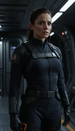 Beautiful female starship captain in a gritty realistic sci-fi universe inspired by The Expanse. Strong and athletic build, determined expression, sharp eyes showing leadership under pressure. Wearing practical belter/UNN/MCRN-inspired starship uniform, dark tactical jumpsuit with utility harness, subtle patches and insignia, sidearm holstered. Tied-back hair, no-nonsense style. Standing on the bridge of a starship, narrow corridors, glowing control panels, exposed piping, zero-g straps and railings. Background of outer space through reinforced windows, stars and distant asteroids. Ultra-realistic hard sci-fi art, highly detailed, cinematic dramatic lighting, tense and commanding atmosphere.