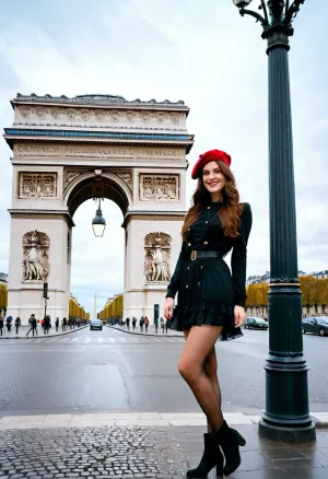 (Parisian street photography:1.1), (young beautiful woman:1.2), (long brown hair), (expressive smile), red beret, (black sheer dress:1.1), long sleeves, ruffles, (black over-the-knee boots:1.2), (full body shot), (standing next to a classic ornate street lamp:1.1), "Place Charles de Gaulle" street sign, (Arc de Triomphe in background:1.2), (daylight, overcast sky:1.1), soft natural light, city street, cars in background, cobblestone street, outdoor, high detail, realistic, sharp focus, vibrant colors, film photography, Canon EOS 5D Mark IV, f/4.0, ISO 200, 1/125s