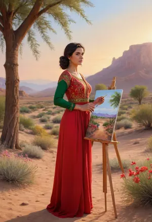 A iranian woman in traditional dress, (red, green, flowing, embroidery garments that catch the warm, golden light of the setting sun.), standing in a vast desert panorama at sunset, actively painting a vibrant and lush Garden of Eden scene, (The Garden of Eden painting depicts rich greenery, blooming flowers, exotic trees, and gentle animal, swiss panorama, daylight, oil painting), on a large canvas set on an easel . Around her, the desert stretches endlessly with soft sand dunes and sparse vegetation, contrasting sharply with the vivid, colorful paradise she is creating on the canvas. The sky is a dramatic blend of oranges, pinks, and purples, casting long shadows and a serene glow over the scene. The composition captures the contrast between the barren desert and the flourishing garden in the artwork, emphasizing themes of creativity, hope, and transformation. The style is of hyperrealism, with meticulous detail in both the desert environment and the painted Garden of Eden, creating a visually striking and emotionally evocative image. The framing is a wide-angle view that encompasses both the woman artist and the expansive desert, with a focus at the glowing canvas she is bringing to life. The mood is contemplative and inspiring Solo, detailxl, Artist, painter, big breast, Black hair, tanned, golden hour, paint, detailed, skin, blemish, flux-scenery, <lora:706606_training_data:.8>, <lora:add-detail-xl:.8>, golden, hour, sunset, sunrise, <lora:polyhedron_golden_hour_000006:.8>