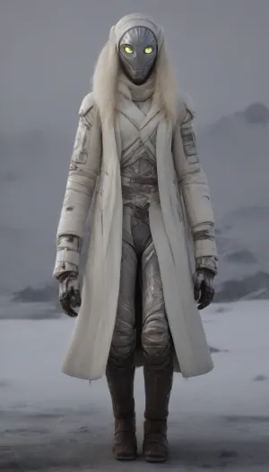 photorealistic, sci fi, star wars, (planet Hoth:1.8), (black snow-capped mountains in Hoth), (walking towards a ruined ship), fullbody, french woman, (white luminous eyes:1.8), runing, extreme length braided white hair, (droid skin:2.1), armour, android, ((General Jedi:1.8)), (ciber templar:1.3), artiangel, (wearing a thick coat with white animal fur:1.8), (white lightsaber in right hand:1.8), (straight lightsaber:1.8), very, long, hair, hanging, dynamic, on, ground, bun, cover, General, Obi-Wan, Kenobi, cyber, templar, (side view), <lora:554328_training_data:.5>, <lora:verylonghairv2:.5>, <lora:565986_training_data:1.6>, <lora:CyberTemplarXL:1.2>