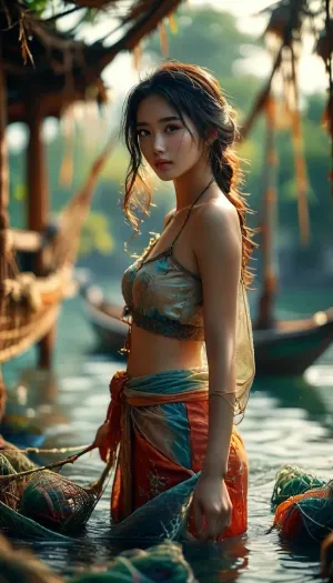 A fishing boat, a girl sorting through the nets, catching fish, 20-year-old model, (a revealing oriental outfit for hot countries), (full-length), top quality, ultra-detailed, masterpiece, with the smallest details, high resolution, 8k wallpaper, <lora:MJ52:.8>, <lora:style_lora_realis:.8>