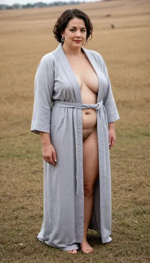 A full-length photo. A plump 65-year-old mature woman with chubby legs poses in a very short housecoat with no clothes under the robe, standing in a field