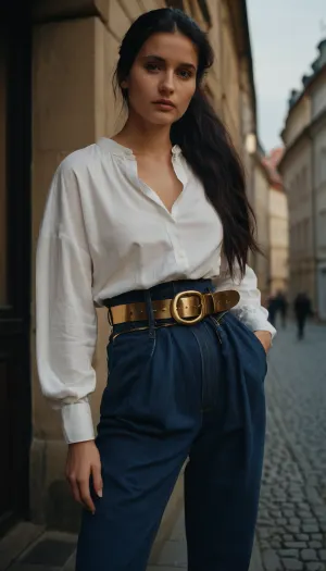 dark blue baggy paperbag slouchy jeans, very long hair, gold belt, prague, slouchy style, ponytail, black hair, white blouse