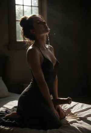 Solo, Young futa woman in dark elegant room kneeling on bed, (intimately stroking her long stiff excessively cum spraying equinecock:1.5), closed eyes, opened mouth, (orgasmic expression on face:1.6), cum dripping from Tip, reflecting light, elegant silky smooth dress, erected nipples visible through dress, (Rays of light:1.3), kneeling on bed, illuminated dust particles, 3D rendered picture, Side profile View, full Body view, Ultra High quality, ultra detailed, best quality, masterpiece, highres, 8k resolution, insanely detailed, perfect illumination from her front, hyperrealistic, Backlight, 8k high definition, Great Composition, drkfntasy, <lora:darkfantasystyle:1.7>, <lora:dark:.3>