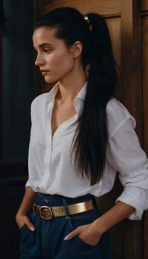 dark blue baggy paperbag slouchy jeans, very long hair, gold belt, prague, slouchy style, ponytail, black hair, white blouse