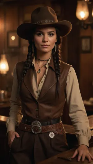 Beautiful Native American female gunslinger of the Old West, proud and striking with a commanding presence. Strong athletic build, sun-kissed skin, long black braided hair adorned with subtle beadwork, sharp dark eyes with a confident smirk. Wearing a long weathered leather duster coat over a beaded tunic, gun belt with revolver at her hip, cowboy hat tilted low with a feather tucked in the band. Leaning casually against the polished wooden bar of a smoky frontier saloon, whiskey glass in hand. Warm lamplight and haze of cigar smoke fill the room, piano in the background, patrons casting wary glances her way. Ultra-realistic Western art, highly detailed, cinematic moody lighting, tense yet charismatic atmosphere.