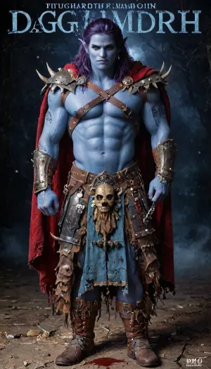 ((Drizzt Do'Urden:1.32), drow warrior, (dark night blue skin:1.82), tall, angry, muscular, strong, (wearing Drizzt Do'Urdens armor, magical scimitars, Twinkle and Icingdeath, a bow Taulmaril on his back, daggers, signature Piwafwi cloak with bear fur pelt, dungeons and dragons inspired chainmail), purplish blue skin, black and purple hair, Dark, drow Warrior, Drow, tattooed, scarred, purple eyes, uberfit, blue skin, bloody, blood spatter, Elf, Warrior), magazine cover, Realism_Quality_2xx_By_Stable_Yogi, score_9, score_8_up, score_7_up, (((very handsome elf face:1.3))), (((extremely ultra detailed face:1.3))), perfect fingers and hands, (full body view:1.4), (extreme size difference:1.6), (ultra realistic), (maximum quality), (high resolution), (extreme detail), (ultra realism), UHD, super high quality, highly detailed, high resolution, perfect lighting, natural lighting, Uber realistic, ultra detailed, masterpiece, 35mm photograph, film, professional, 4k, hdr, photographic, ultra realistic, ultra high details, back light, (dynamic pose), (dynamic angle), (random angle), (random pose), (dynamic view), (random view), best quality, volumetric lighting, golden hour lighting, dramatic shadows, rich details, nature-inspired color palette, e, aiuehara, fr4z3tt4, <lora:zavy-brbrn-sdxl:2>, <lora:LCMTurboMix_Euler_A_fix:2>, <lora:aiUehara_LoRA_R21:2>, <lora:fr4z3tt4:2>, <lora:epiCPhotoXL:2>