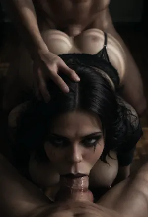 Home, indoors, bedroom, black room, goth-styled room, woman, (long black hair:1.3), extremely beautiful, (goth:1.8), (black lipstick:1.4), (goth makeup:1.3), nipples, (nipples piercing:1.3), on floor, doggy pose, on all fourth, ass behind, eye contact, black panties, kiss marks, kiss marks on abs, black kiss marks all over penis, (lipstick marks around penis:1.4), sucking cock, man's pov, man getting blowjob from woman, (another man fucking her in ass:1.9), anal sex, close up, drooling blowjob, (deepthroat:1.7), smooth cock, (cock covered in saliva:1.8), (drooling:1.7), oval face shape, (hand on the back of the head:1.4), pushing head harded on cock, sunlight_str1, <lora:sunlight_str1-SDXL_v1-dim64-steps1691:2>, <lora:dark:.1>