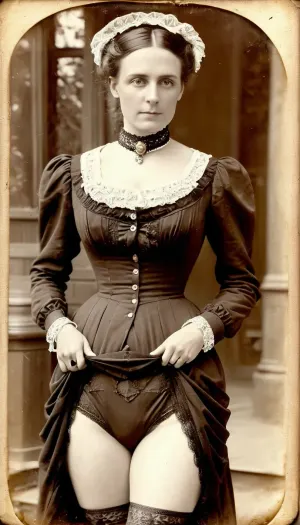 (attractive woman:1.3), (35 years old:1.6), (long dress:1.1), pretty victorian lady, (panties down:1.3), outdoor, ((19th century vintage Victorian photography:1.5), tintype, dry plate, grainy, real, (facing camera:1.2)), (skirtlift:.03), J.C., Leyendecker, Style, page, <lora:skirtlift_xl:.8>, <lora:J.C. Leyendecker Style:.5>