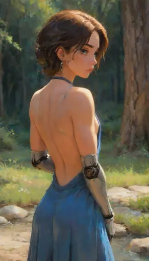(masterpiece, best quality:1.2), from behind, solo, male focus, 1boy, totklink, mechanical arms, expressionless, looking back, earrings, backless outfit, blue dress, detached sleeves, outdoors, best quality, 8k, insane details, intricate details, hyperdetailed, hyper quality, high detail, ultra detailed, professional, HDR, ray tracing reflection, cinematic lighting, highlydetailedbody, realisticface, highlydetailedhair, insanelydetailed, 8K.highdetailedskin, highresolution, perfectfingers, (j_cartoon:1.5), drawing, <lora:xl_totkl:.85>, <lora:SDXLHighDetail_v6-000005:.8>, <lora:samdoesarts1.1-000030:.4>, <lora:J_cartoon:.3>, <lora:Animated_Concept:.4>