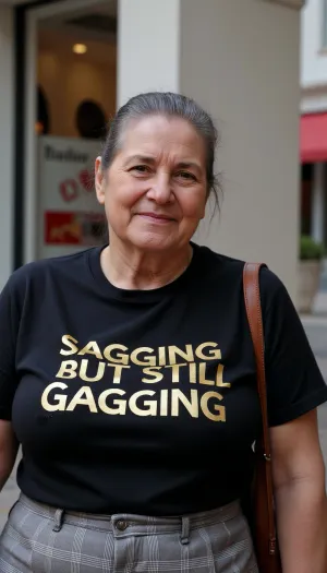 55 year old smiling milf, (chubby), (dark-haired ponytail), stands in a shopping street. She wears a skirt and a black t-shirt and a handbag., (photography is taken from a drone), On her t-shirt is a Text printed in golden letters "SAGGING BUT STILL GAGGING", <lora:flux-age_sliders_latest_diffusers:.6>