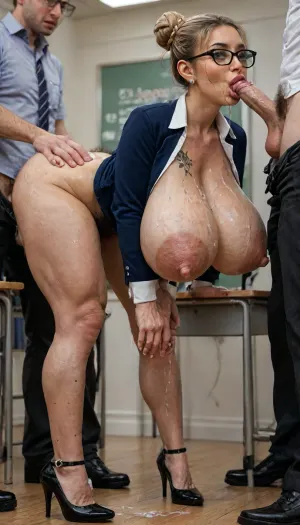 UHD, 8k detail, sharp focus, hyper realistic, score_9, score_8_up, sexy middle aged athletic woman with glasses, (55 years old:1.8), ((long sexy legs)), ., (tall woman:1.6), (teacher:1.5), (wrinkled face:1.4), . Standing bent over in a classroom, long blond hair up in a bun, (blond bun hairstyle:1.6), used for sex by 4 men, anal sex, oral sex, (gangbang:1.4), (standing doggystyle:1.4), doggystyle, penis in anus, (anal:1.4), (beauty:1.7), (sweaty athletic body:1.4), massive natural breasts, (hyper areolae:1.3), (teachers outfit:1.4), ((high heels)), wide open eyes, (glasses:1.4), green eyes, (big eyes), (hyper pubic hair:1.4), (tattoo:1.4), (amazing pussy:1.7), ((cum covered body:1.6)), <lora:LCMTurboMix_Euler_A_fix:1.4>