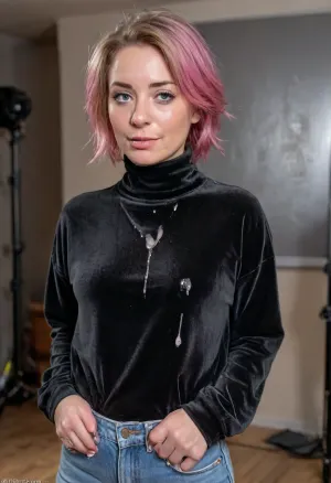 (masterpiece, best quality:1.2), 1 czech 30yo woman, famous singer, (she wears a anthracite baggy velvet turtleneck shirt and jeans:1.4), indoors in a recording studio, (short wavy pink hair:1.2), bright blue eyes, piercing in nose, earrings, she is standing at a studio microphone, (her face is covered with cum, cum on her chest, cumload on clothes, cum threads drip from chin:1.3), facial, breasts, stomach, covered, in, perfect, photorealism, <lora:681678_training_data:.5>, <lora:style_lora_realis:.5>, <lora:Facials:.6>