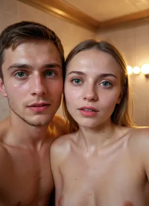 Selfie of young russian girl and her boyfriend in russian bathroom after sex, small tits, sweaty, realistic, cum on face