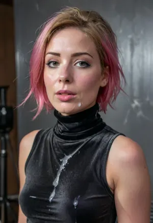 (masterpiece, best quality:1.2), 1 czech 30yo woman, famous singer, (she wears a anthracite baggy velvet sleeveless turtleneck shirt and jeans:1.4), indoors in a recording studio, (short wavy pink hair:1.2), bright blue eyes, piercing in nose, earrings, she is standing at a studio microphone, (her face is covered with cum, cum on her chest, cumload on clothes, cum threads drip from chin:1.3), facial, breasts, stomach, covered, in, perfect, photorealism, <lora:681678_training_data:.5>, <lora:style_lora_realis:.5>, <lora:Facials:.6>