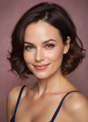 The image features a beautiful very sexy 47yo woman. Cinematic. Body according to age with imperfections like Cellulite, Varicose veins etc. Oval face. Pale skin, no tan. Height 170cm. Breast size 80C. Smiling. Dark brunette hair, very thin hair, shoulder length hair, slightly wavy medium bob cut, hair parted on one side. very high forehead. thinning hair with little volume, hair combed back tucked behind ears. Slightly curvy body. Stocky legs. Nice round ass. Narrow waist, Sturdy thighs, little tummy, wide very female hips, Decent makeup. She likes to show skin. Small eyes. Thin eyebrows. Wrinkled eyes. Beautiful capturing woman. Smiling.
