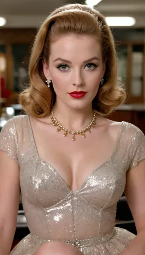 Vollansicht einer Schauspielerin im Fernsehen, 35 Jahre alt, knieend vor einer Kamera, offene transparente Bluse ohne Knöpfe, langer weißer Rock, Perlenkette am Hals, hohe weiße Stilettos, schmale Taille, viel Make-up, Rouge, lange gewellte goldene Haare, viel Halsschmuck, lange rote Fingernägel, Fingerringe, hilfloser flehender Blick in die Kamera, roter Lippenstift, glossy schmale Lippen, sehr lange Beine, best quality, 1950s movie, front view